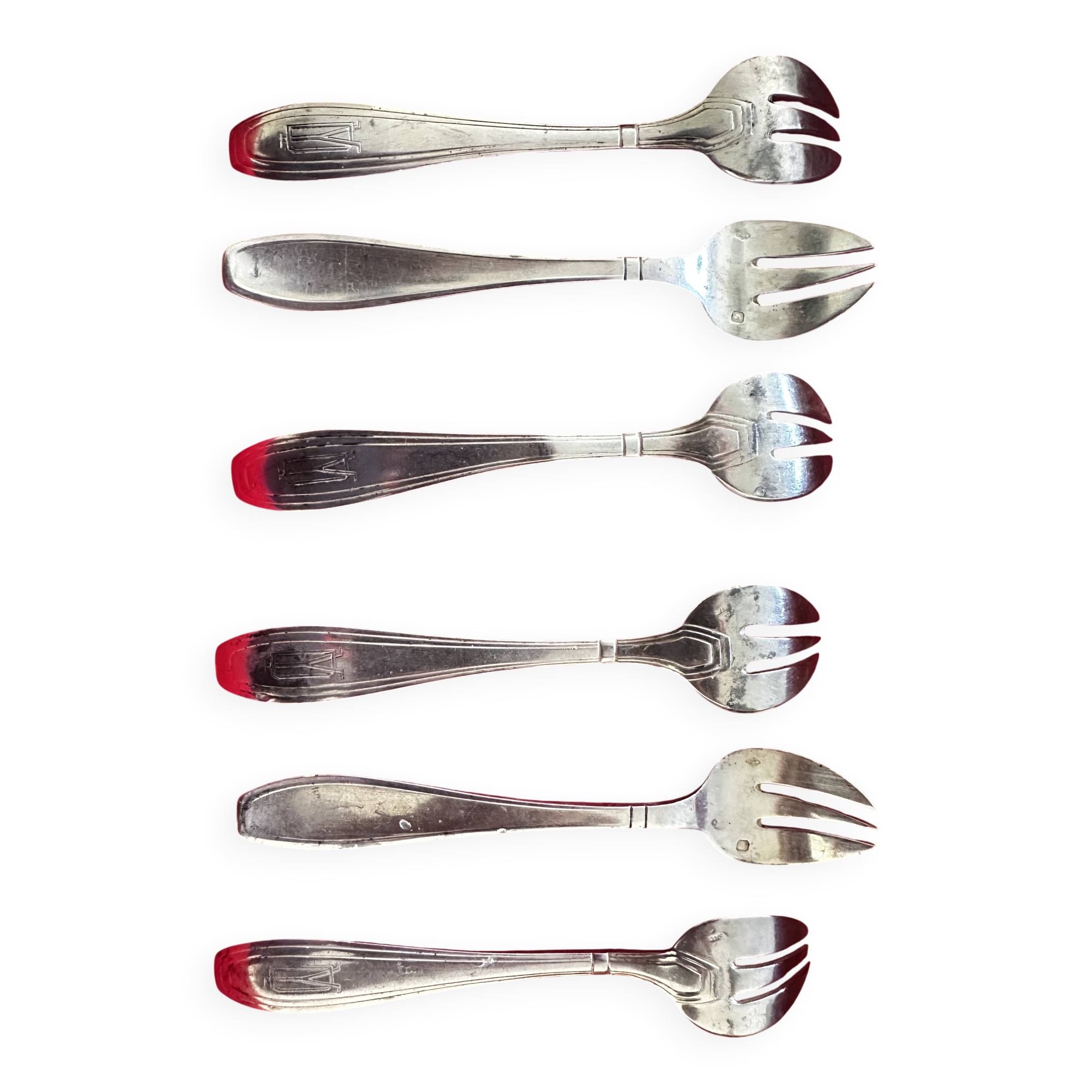6 Oyster forks, Art Deco period 1930 - solid silver, initials YD