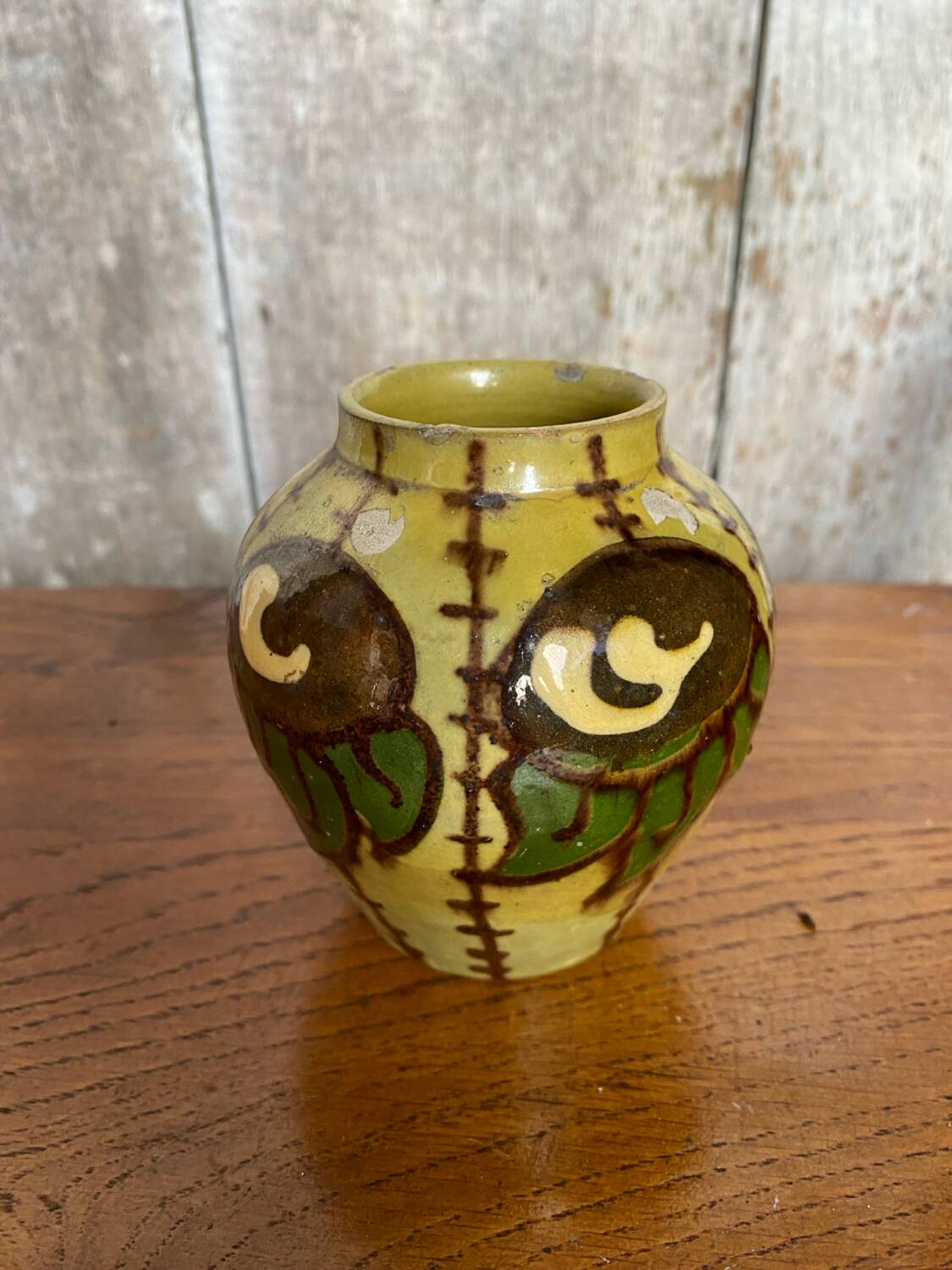 Antique yellow enameled terracotta vase painted decor made in france vintage