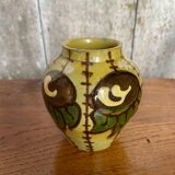 Antique yellow enameled terracotta vase painted decor made in france vintage