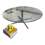 Glass coffee table with chrome base in the style of Roche Bobois