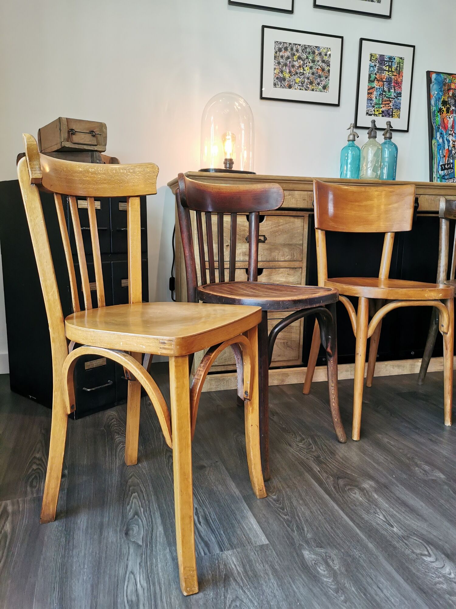 Baumann Stella and Luterma series of 6 mismatched bistro chairs