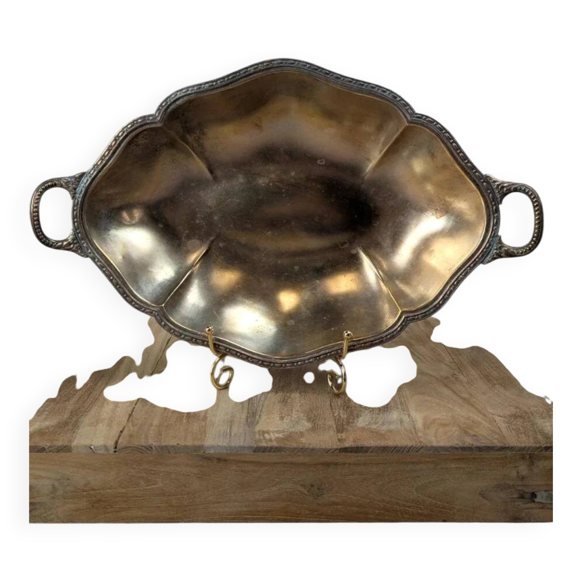 Antique oval silver-plated copper tray with handles.