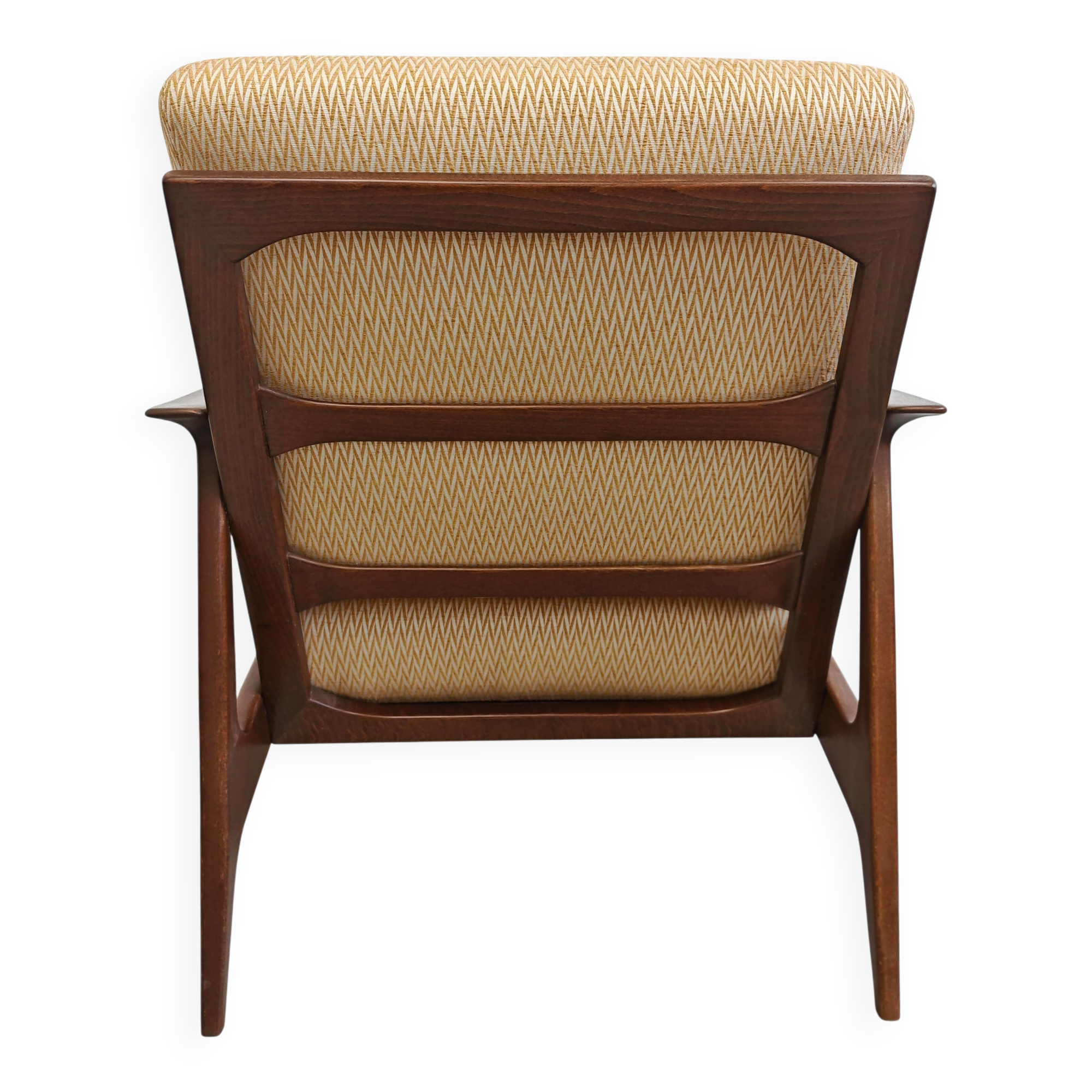Mid Century Modern armchair in beech with zig-zag fabric, Denmark 1960s