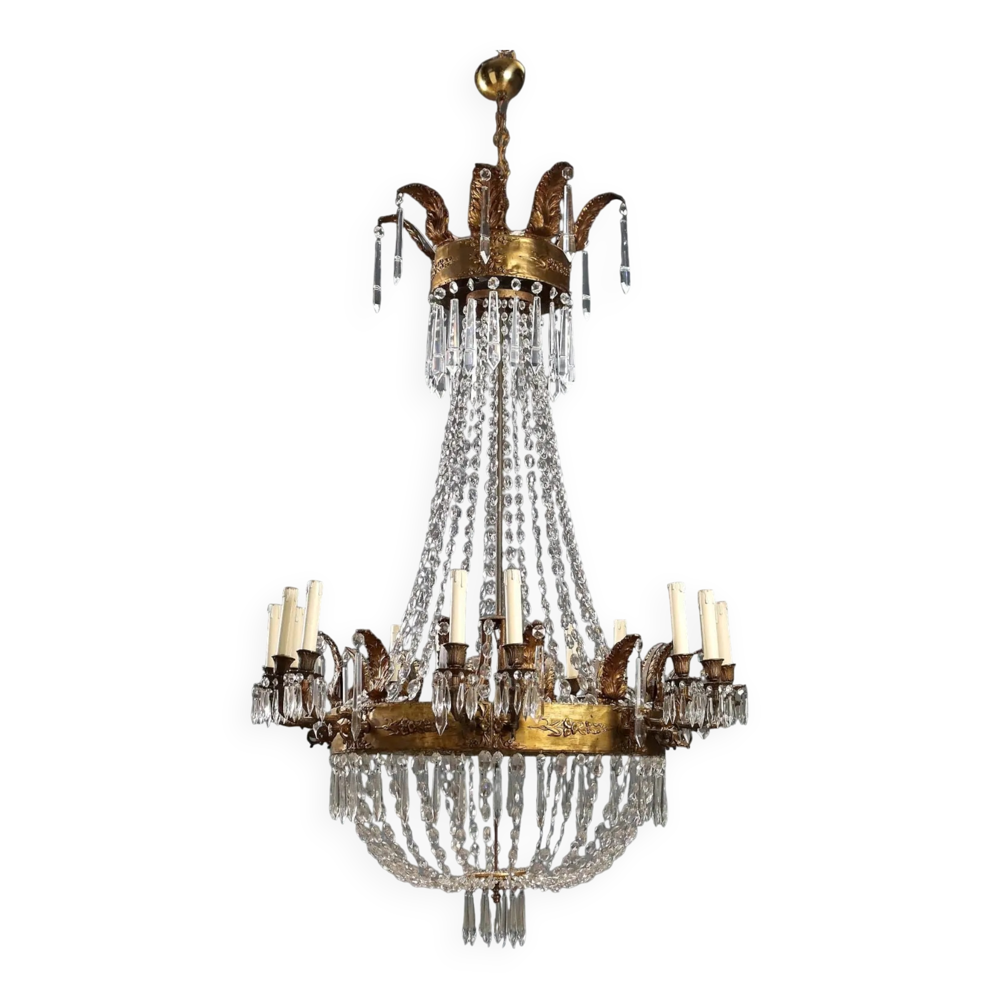 Lustre ancien en forme de ballon en métal doré et verre, XIXe siècle