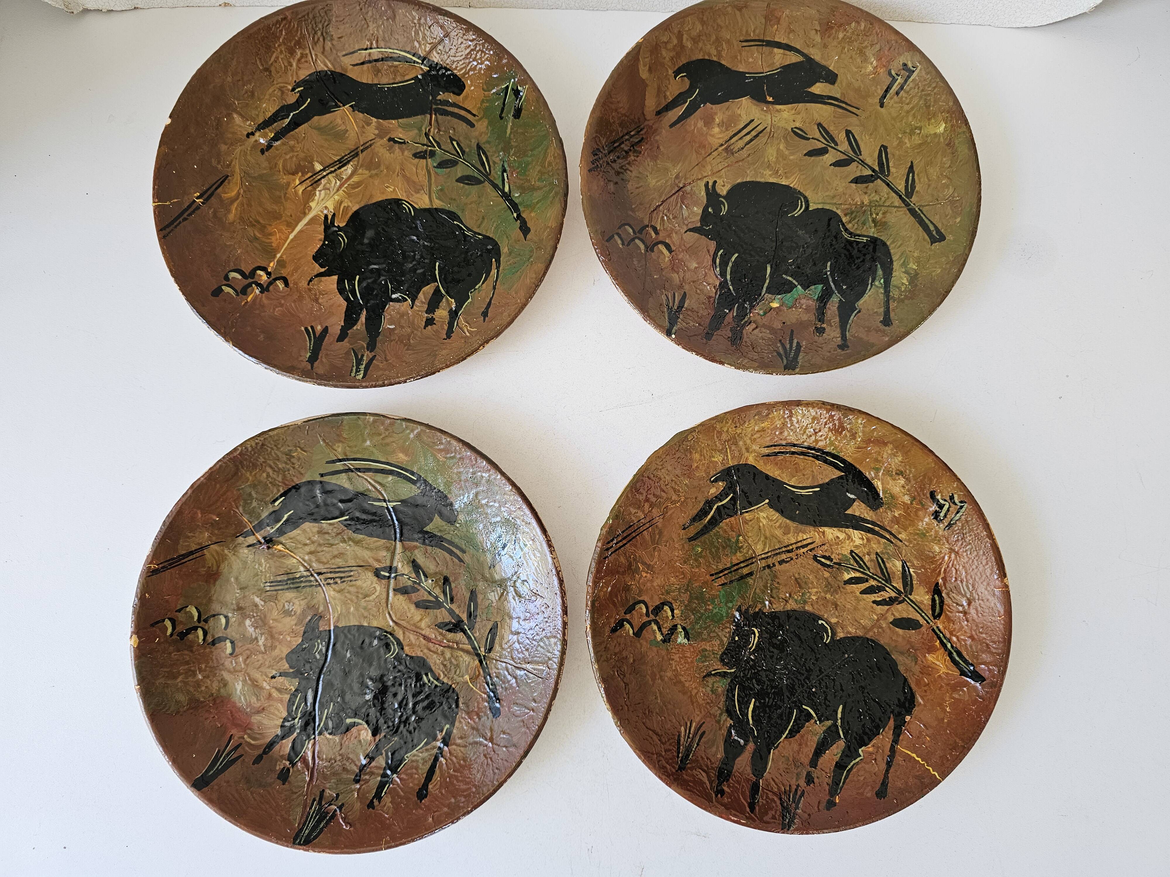 Set of 4 prehistoric rock plates Vallauris Vintage Diameter 20.