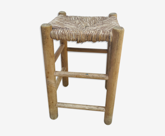 Tabouret bois et paille vintage esprit bohème