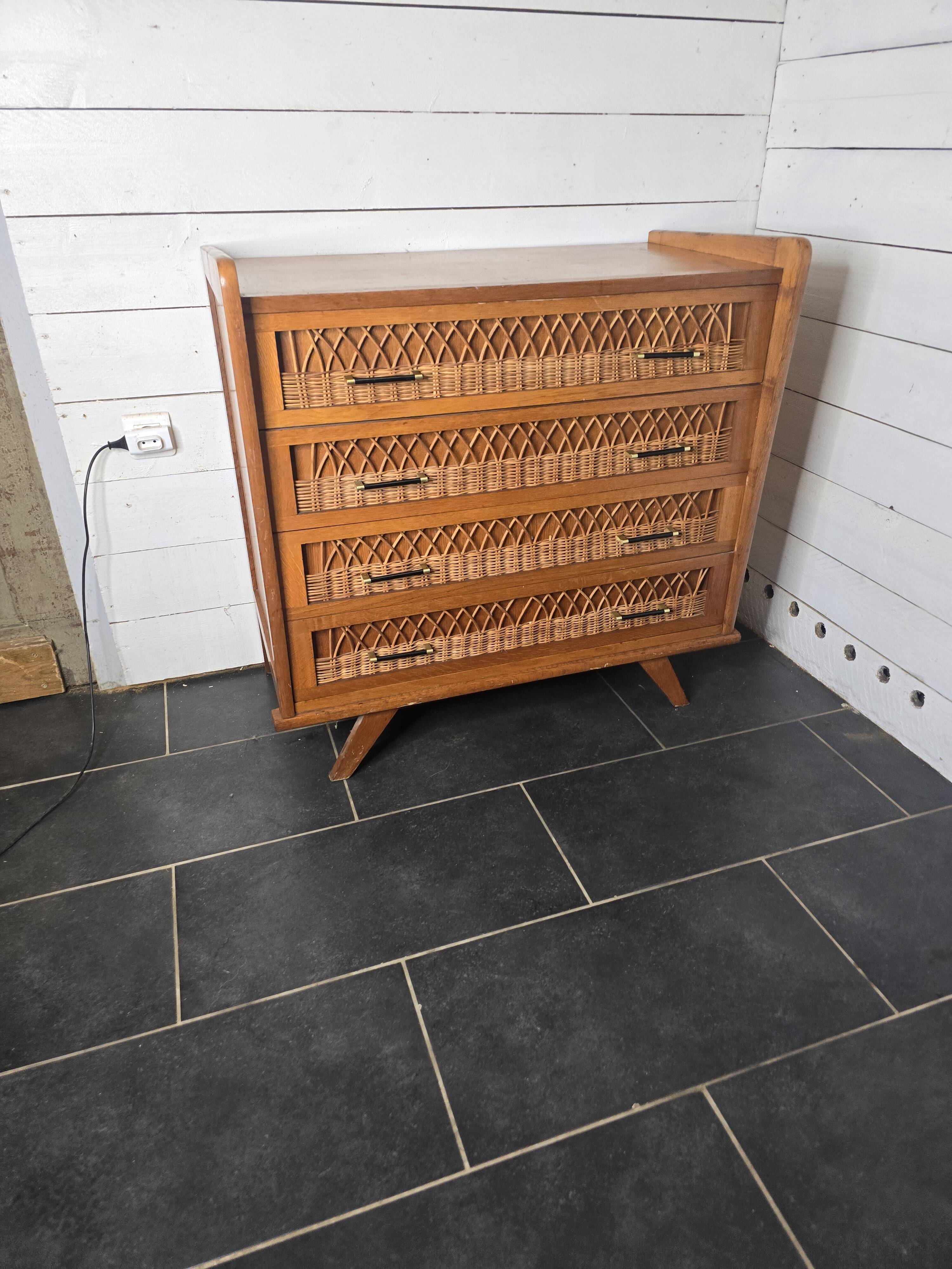 Commode en rotin et bois, années 60