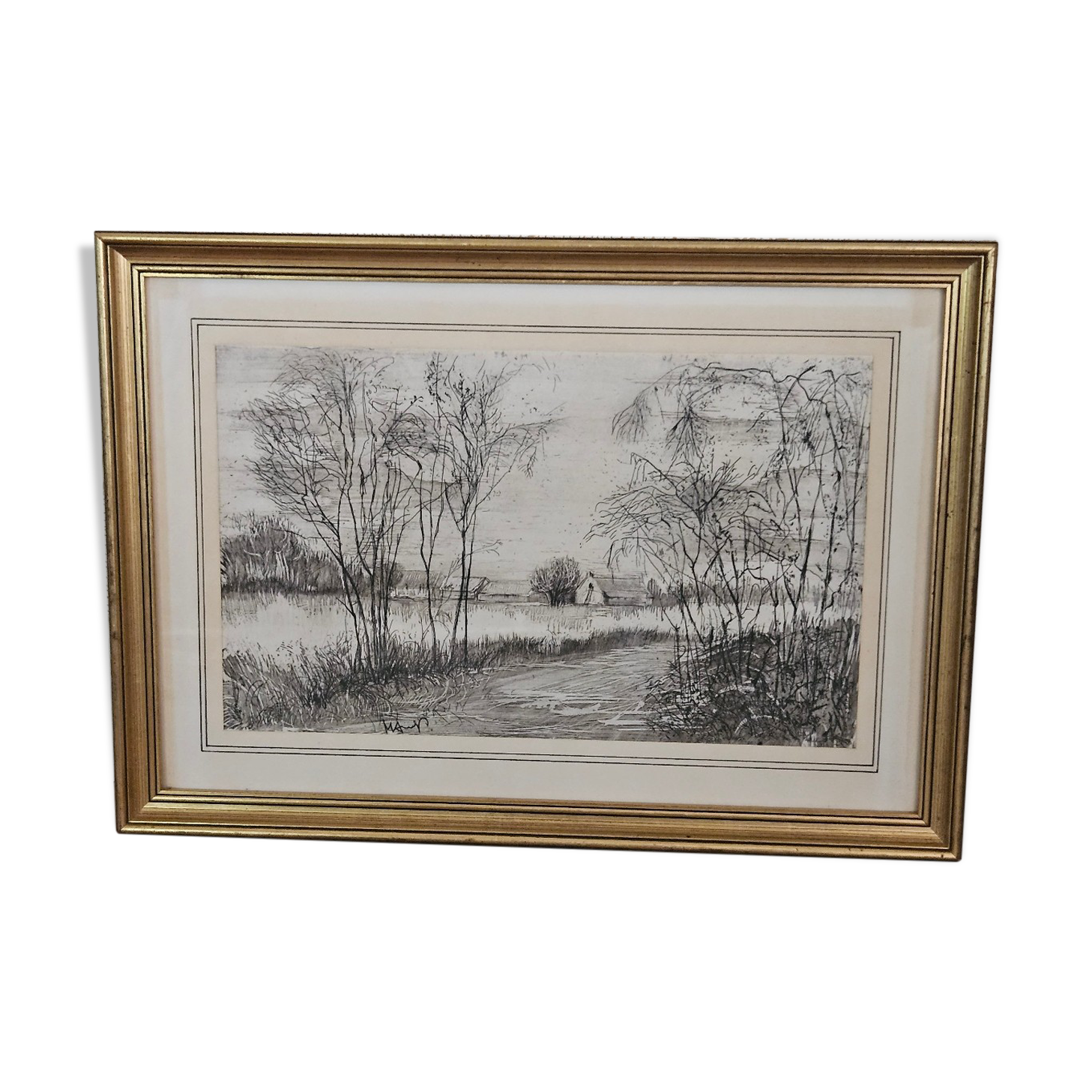 Signed countryside landscape engraving