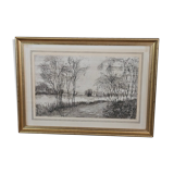 Signed countryside landscape engraving