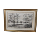 Signed countryside landscape engraving