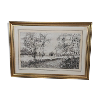 Gravure Paysage de campagne signée