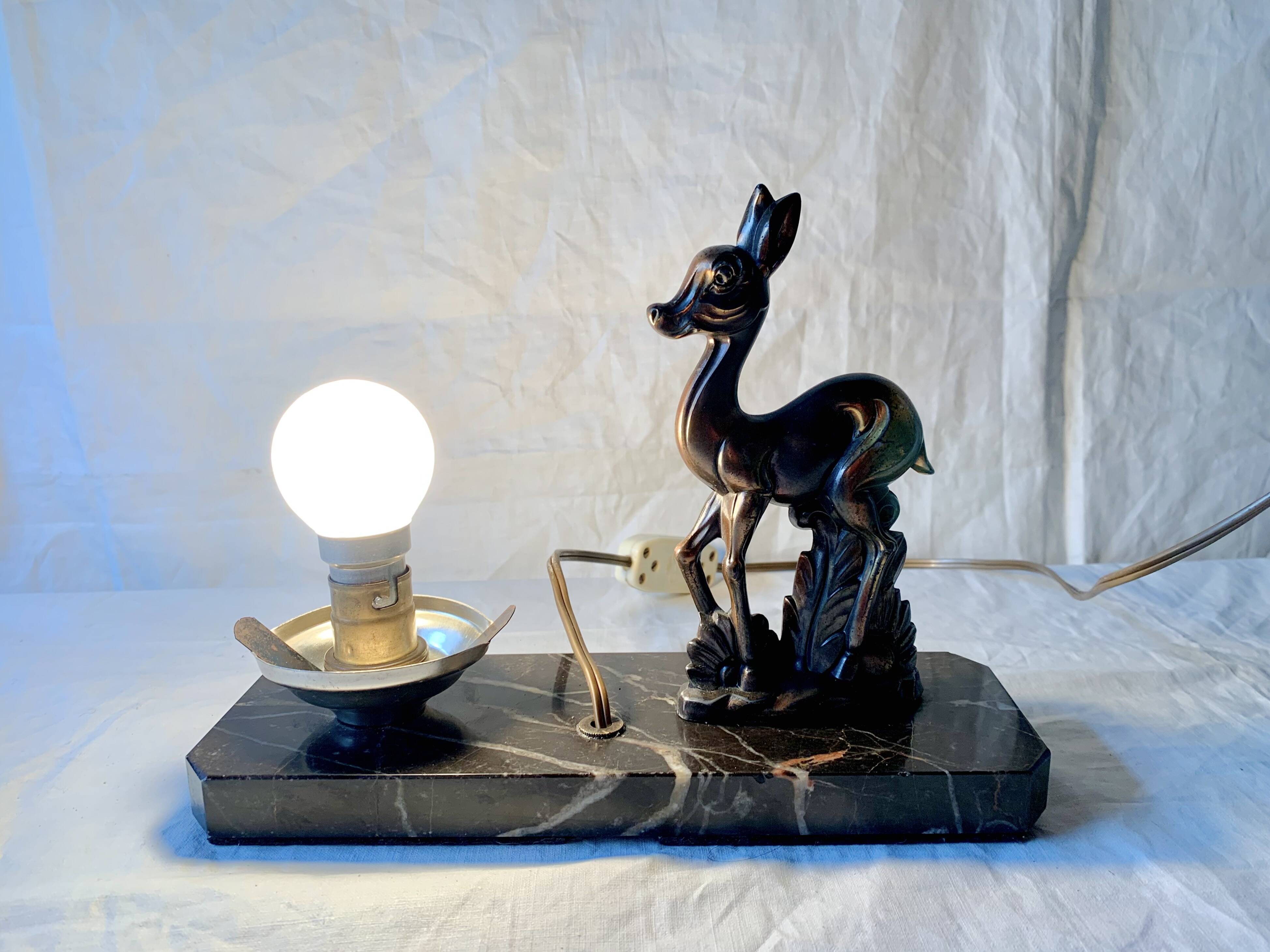 Art Deco bedside lamp - Globe and fawn on marble base