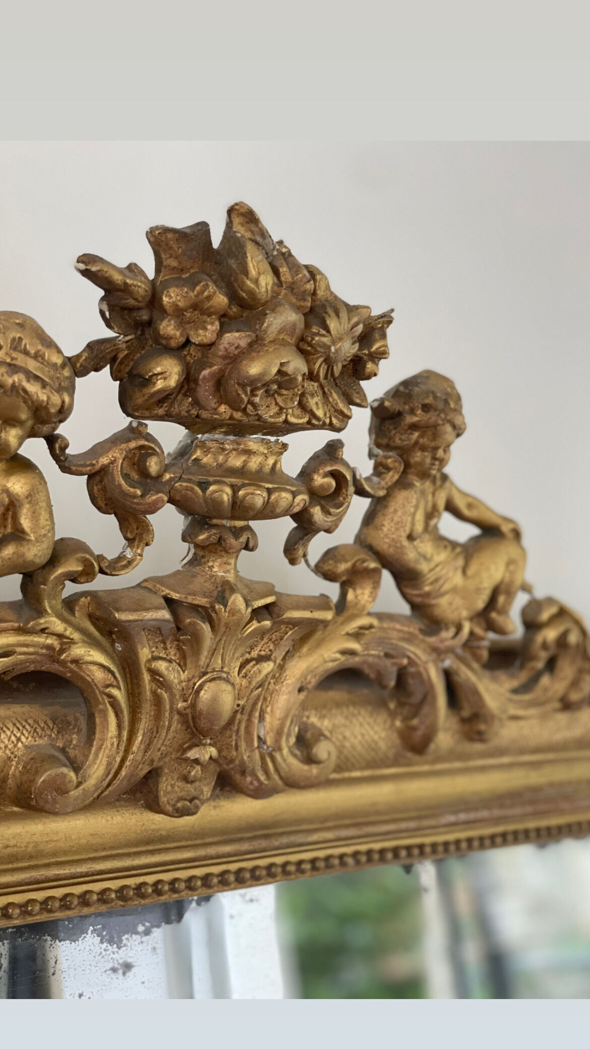 Old mirror louis Philippe gilded gold leaf pediment angels