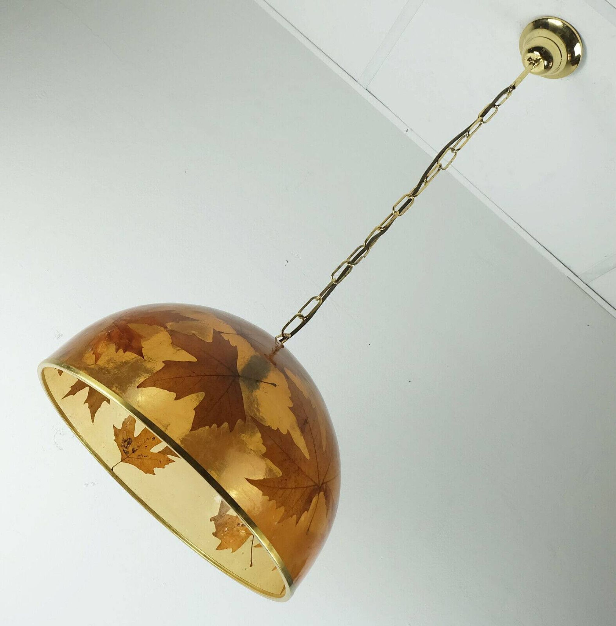 rare vintage PENDANT LAMP resin with maple leaves 1970s hanging lamp