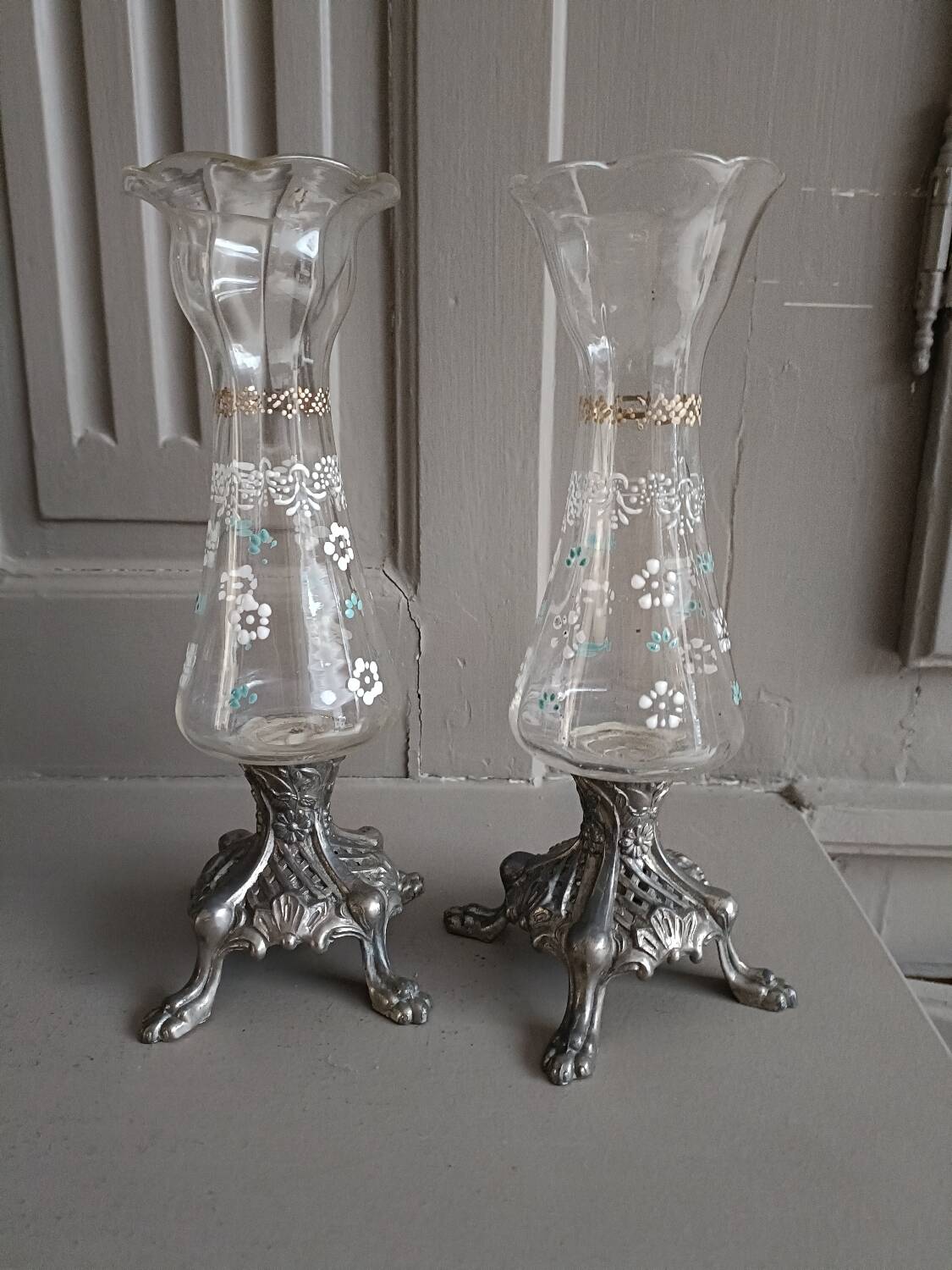 Pair of enameled glass vases