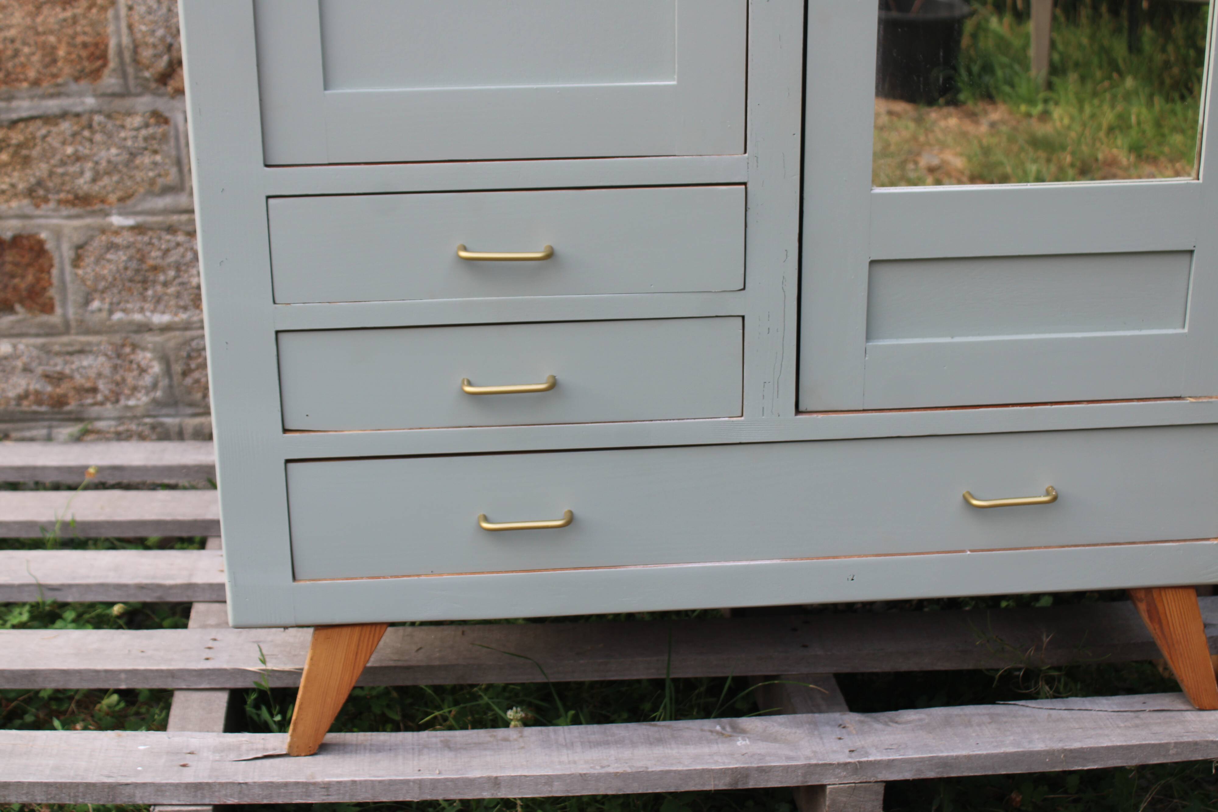 Vintage Parisian wardrobe in sage green – Mirror, hanging space and drawers