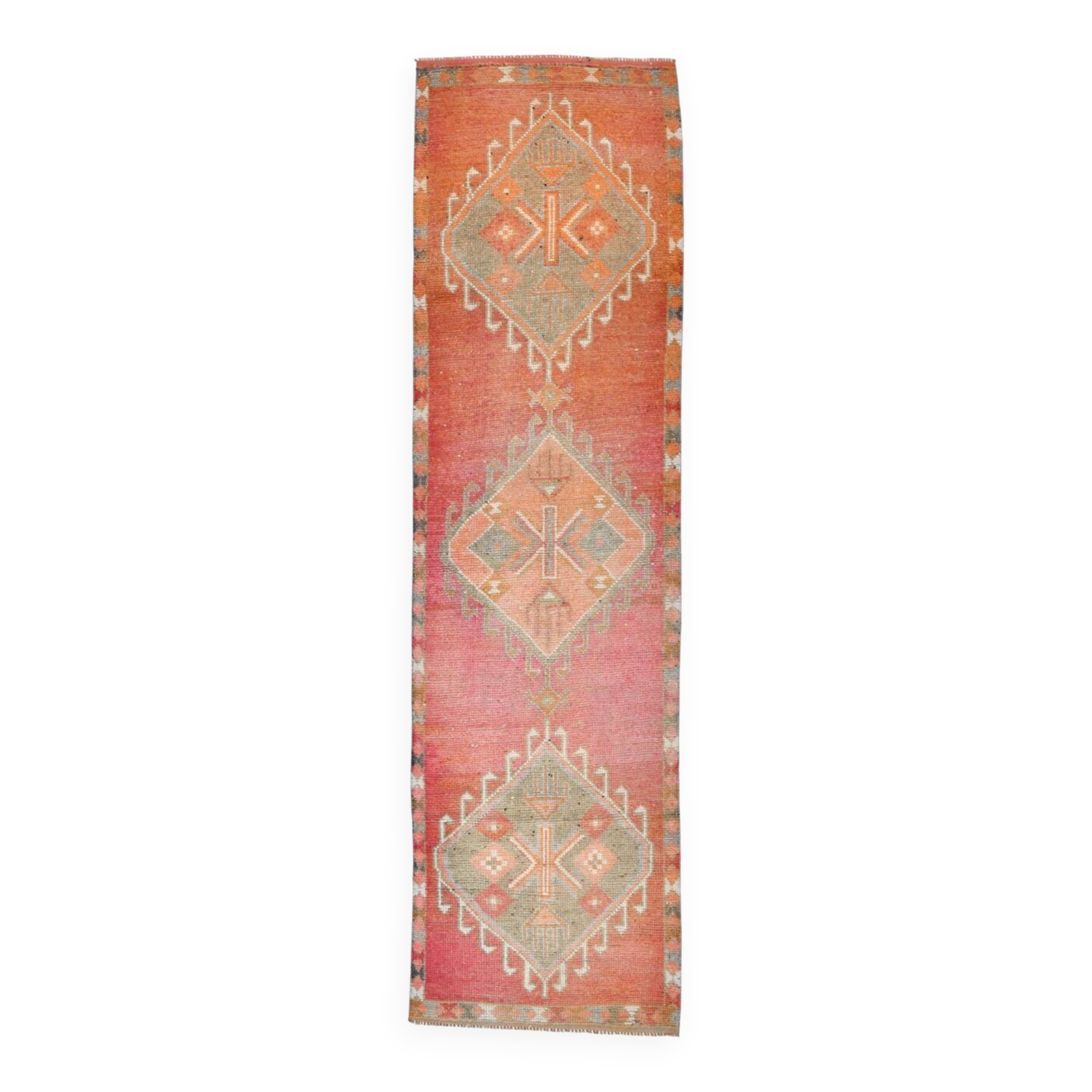 3x11 Reddish Coral Tones Vintage Runner Rug, Handwoven Runner Rug,91x346Cm