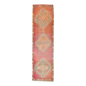 Tapis de couloir vintage 3x11, tons corail rougeâtre, tissé à la main, 91x346 cm