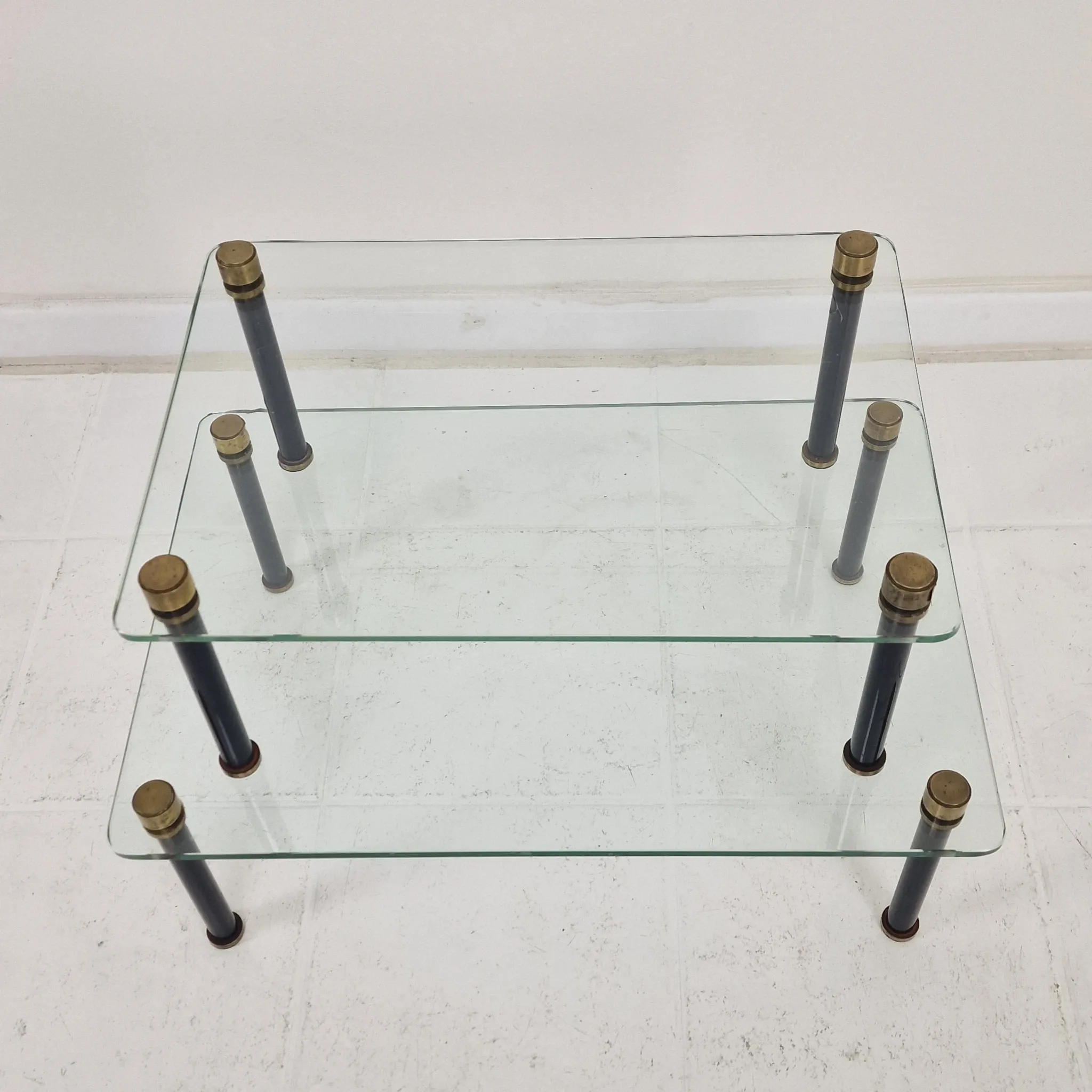 French Modernist Glass and Brass Display Tables with 'P. Andrieux', 1930's