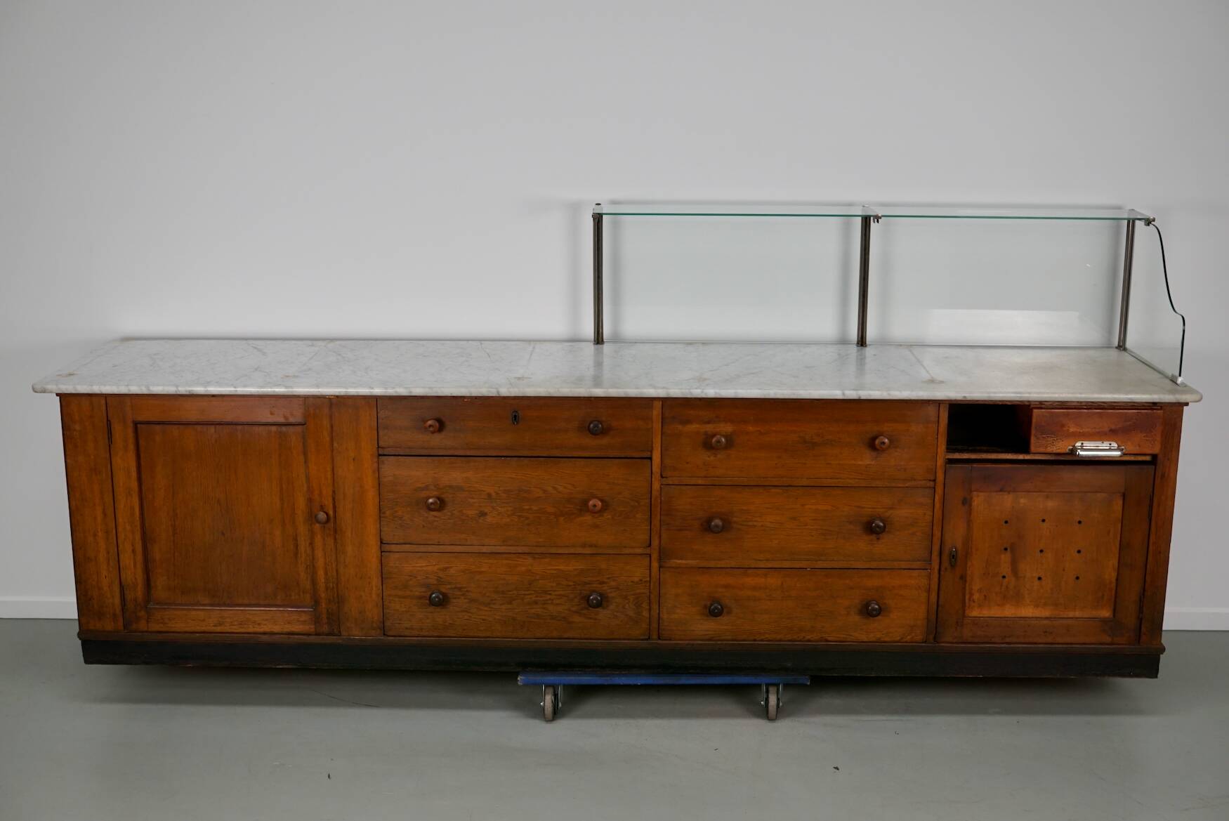 Large Antique Art Deco German Oak & Marble Chocolate Shop Counter, 1920s