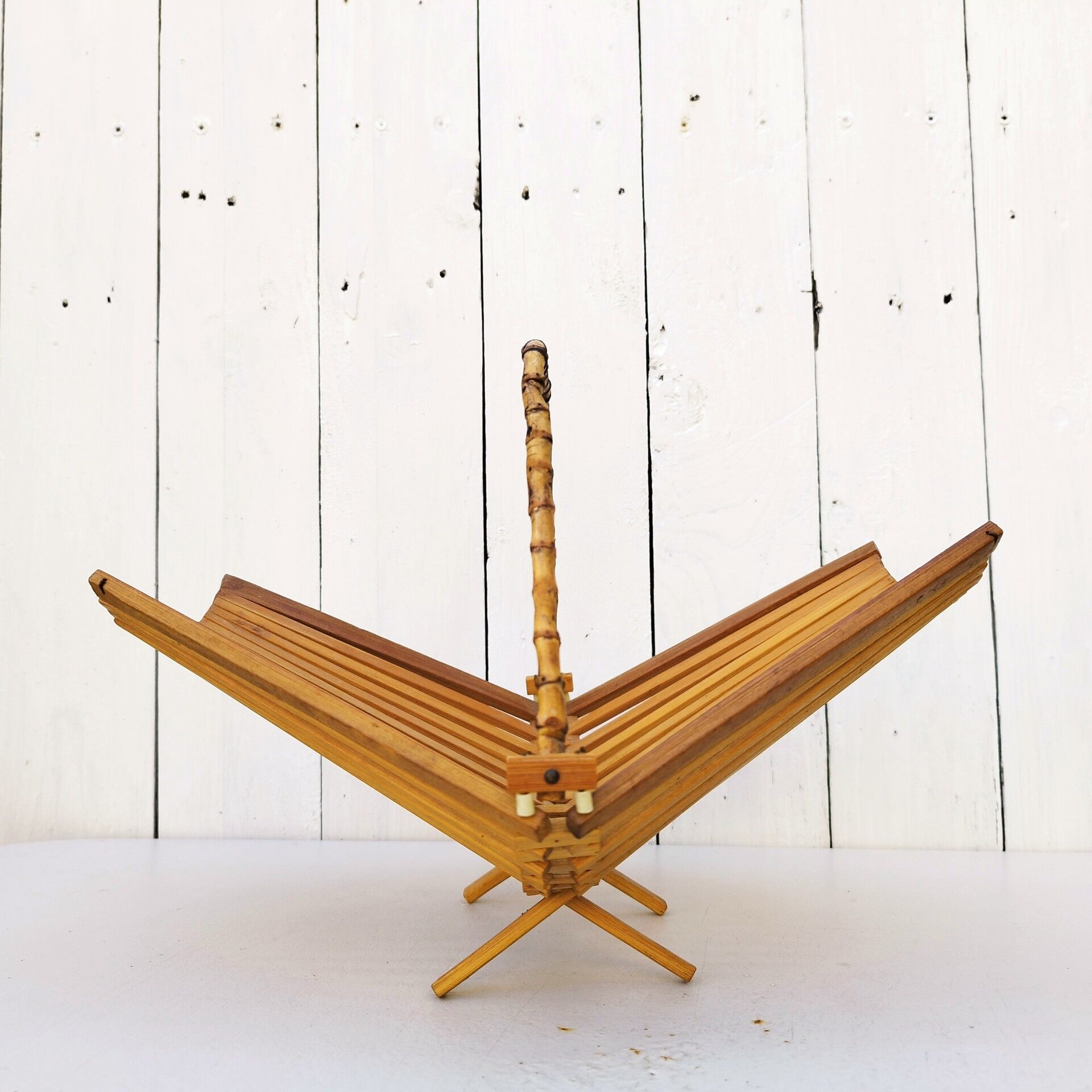 Folding fruit basket wood and vintage bamboo