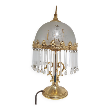 Peris Andreu table lamp, gilded brass, frosted glass with decoration, Spain, 1960s.