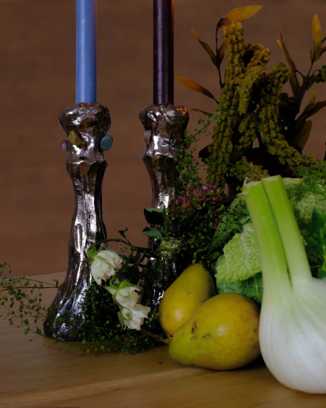 Handmade chrome candlestick with inlaid stones