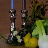 Handmade chrome candlestick with inlaid stones