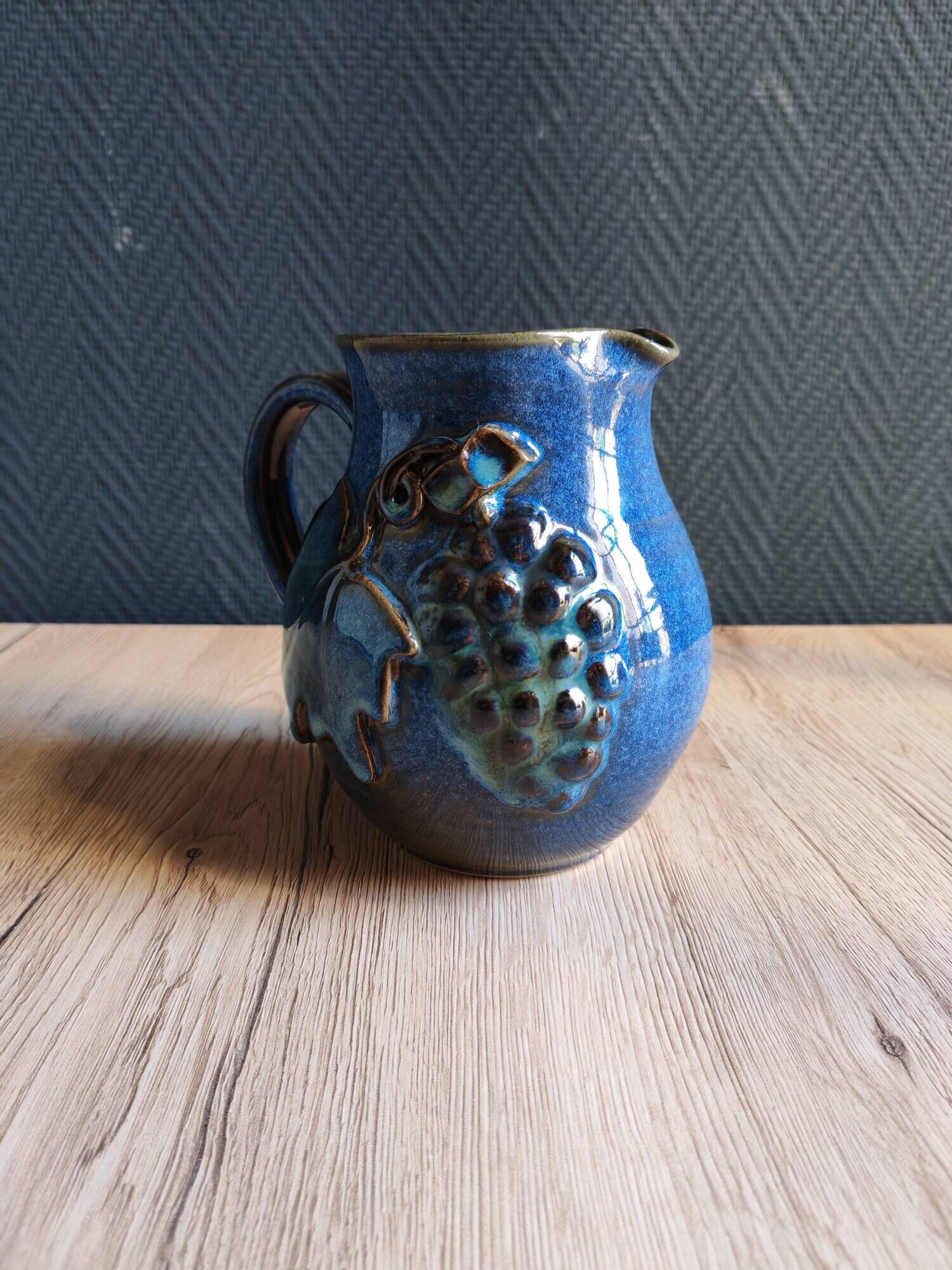Vintage Blue Stoneware Jug with Grape Cluster Pattern, Ceramic Vase