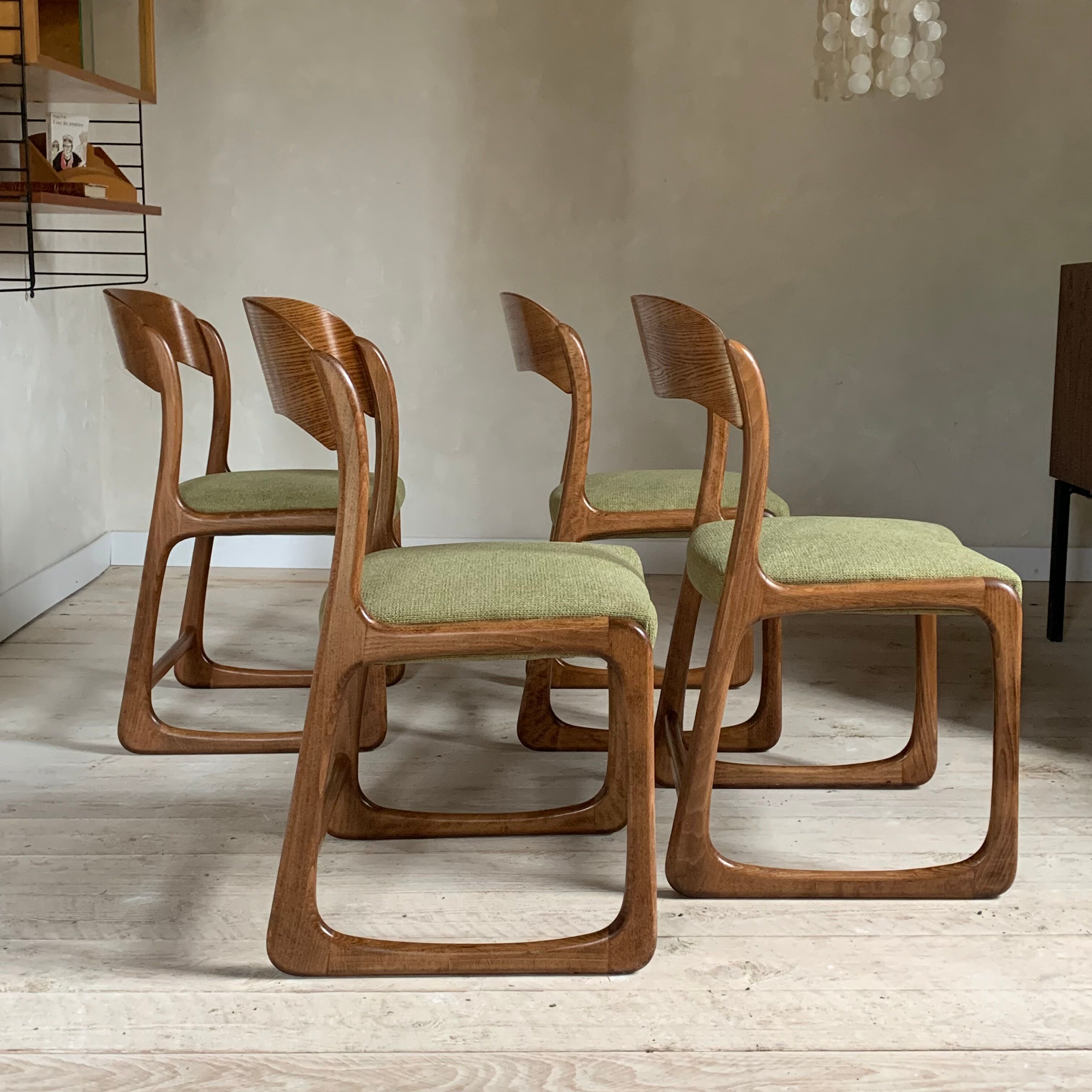 Baumann vintage sled chairs in ash and linden green velvet fabric - set of 4