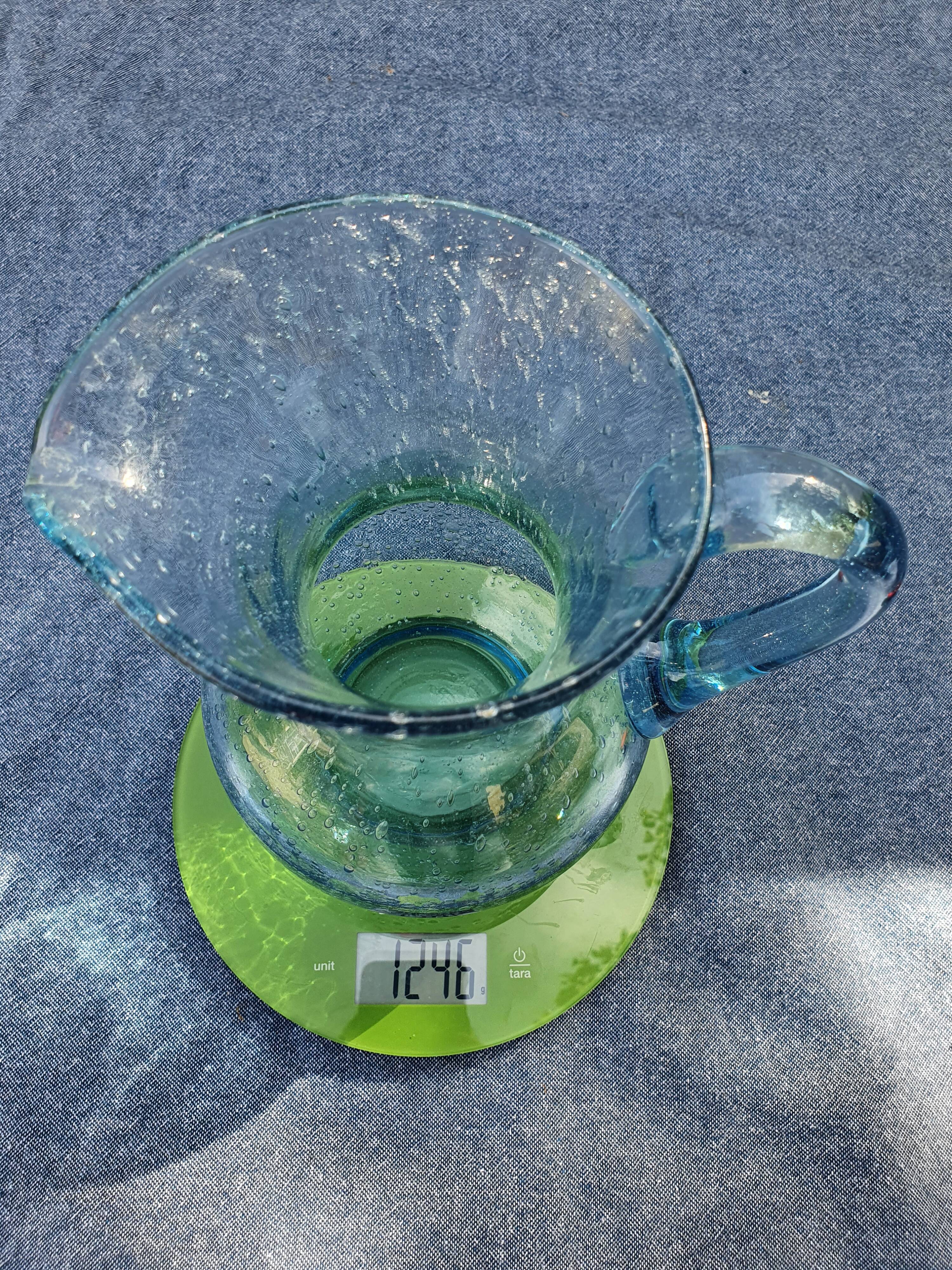 Pitcher or carafe in bubbled glass biot light blue