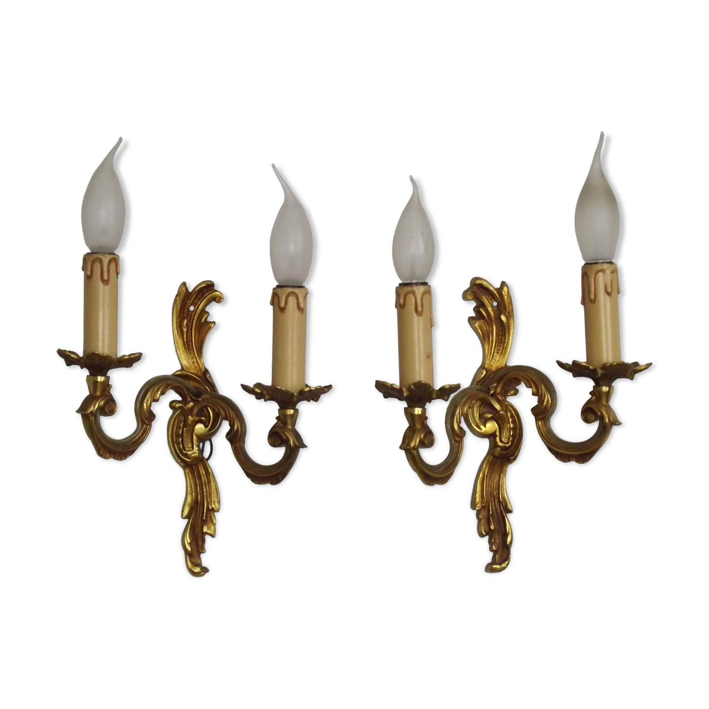 Stylish Vintage French Bronze Double Wall Sconces with Acanthus Leaf Detail