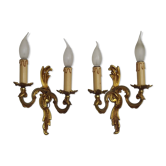 Stylish Vintage French Bronze Double Wall Sconces with Acanthus Leaf Detail