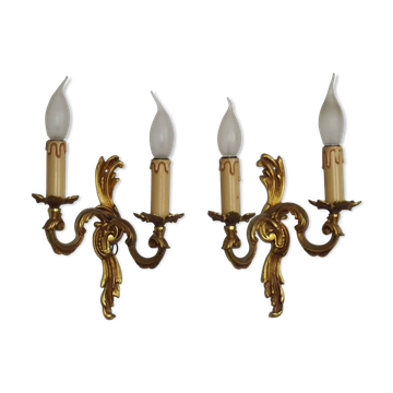 Stylish Vintage French Bronze Double Wall Sconces with Acanthus Leaf Detail