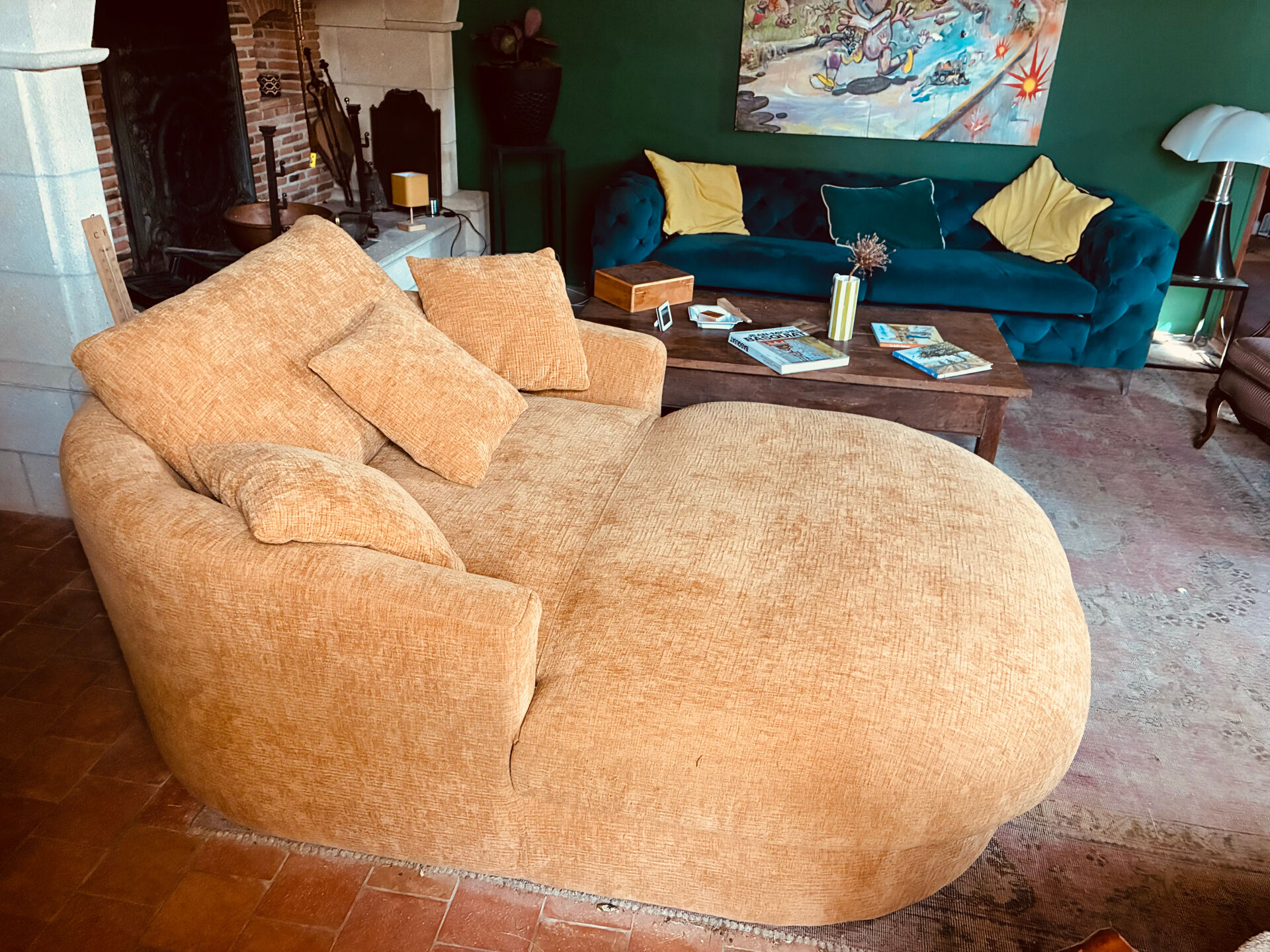 Belem meridian sofa by bobo chic in textured ochre fabric.