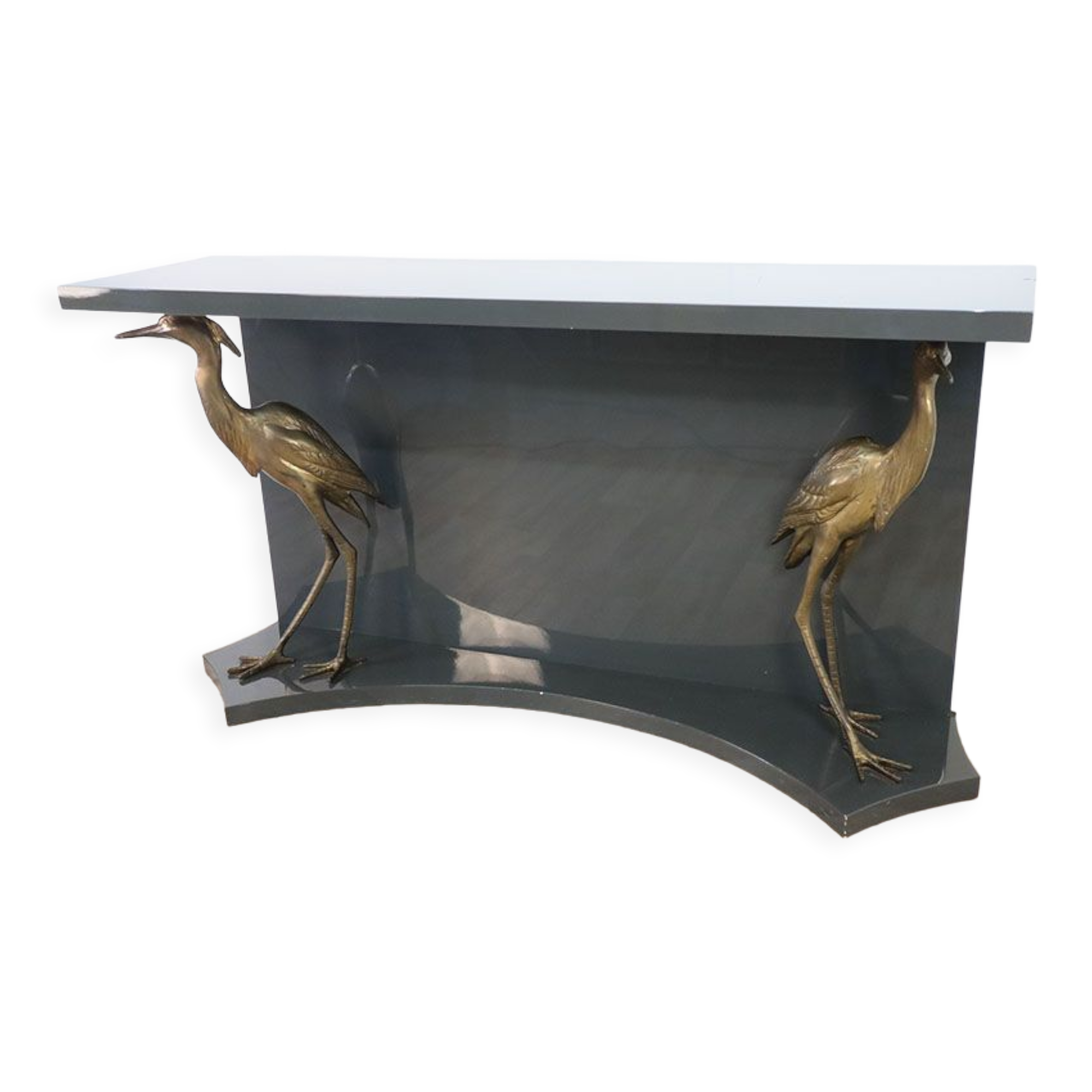 Vintage lacquered wooden console decorated with brass herons 1970