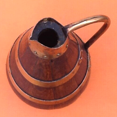 1940s Cider barrel pitcher Oak wood encircled with riveted copper