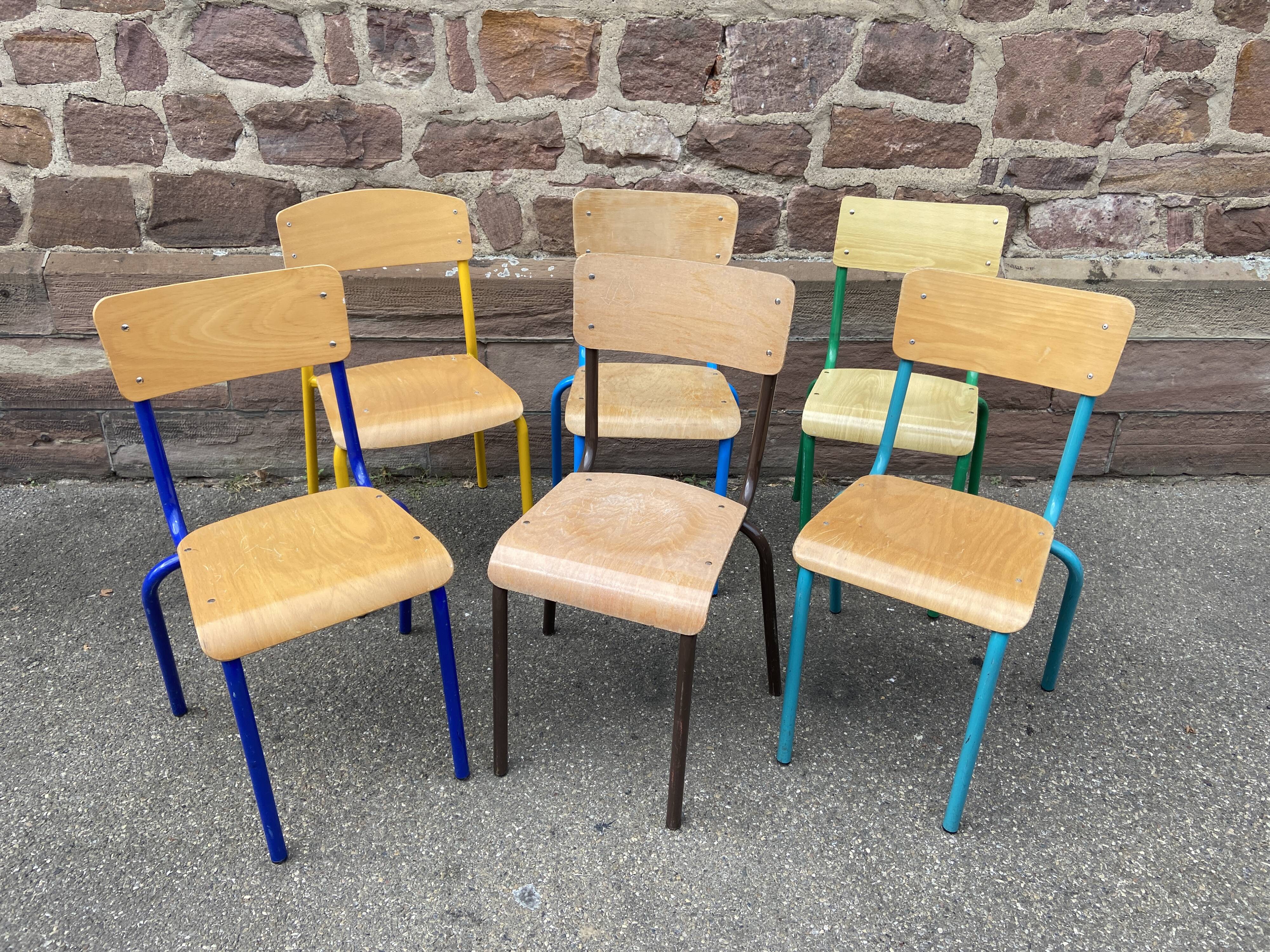 6 mismatched school chairs multicolor industrial vintage school community Mullca