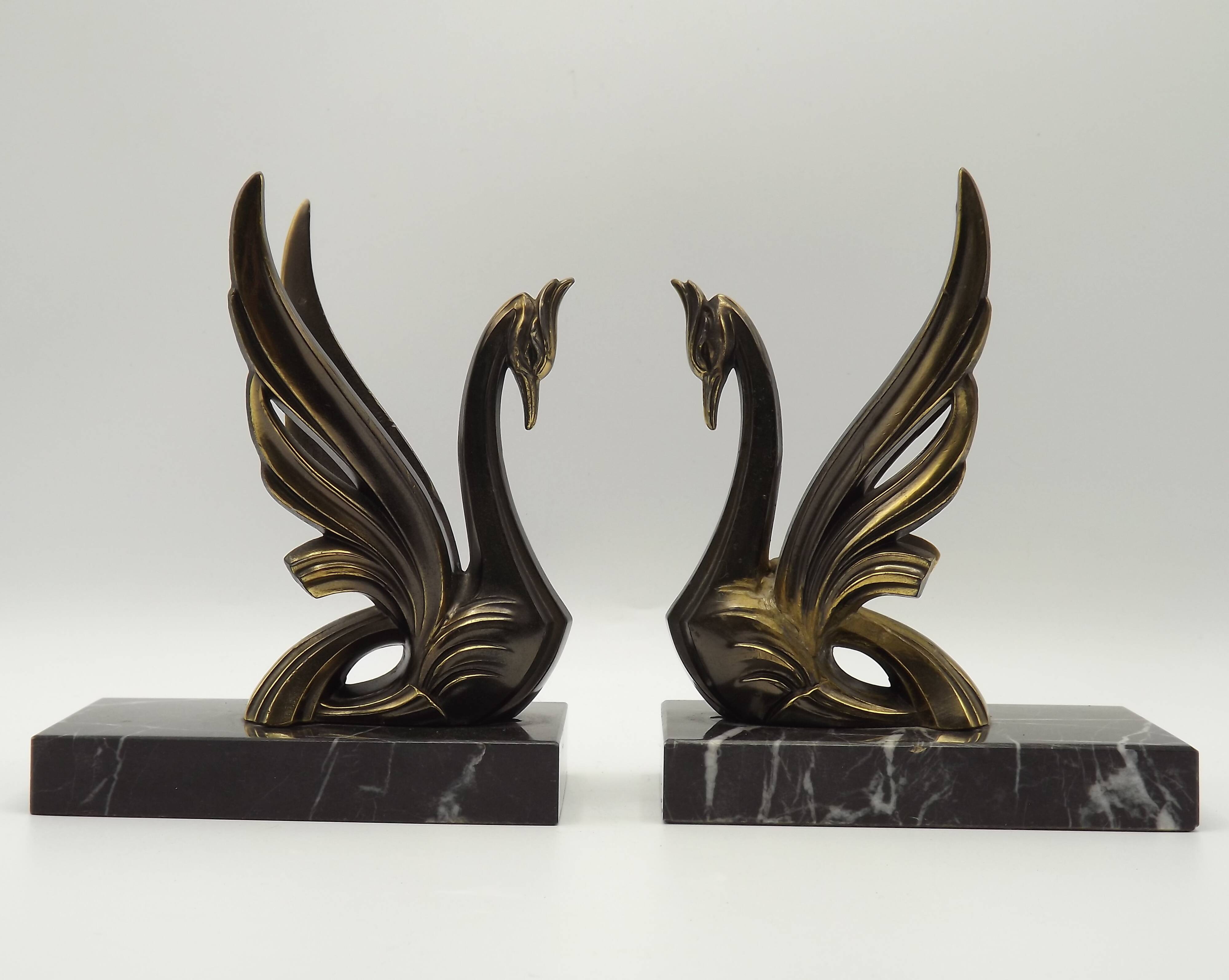 French Art Deco Bronzed Effect Spelter Swan Book Ends Black Marble Base