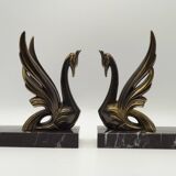 French Art Deco Bronzed Effect Spelter Swan Book Ends Black Marble Base