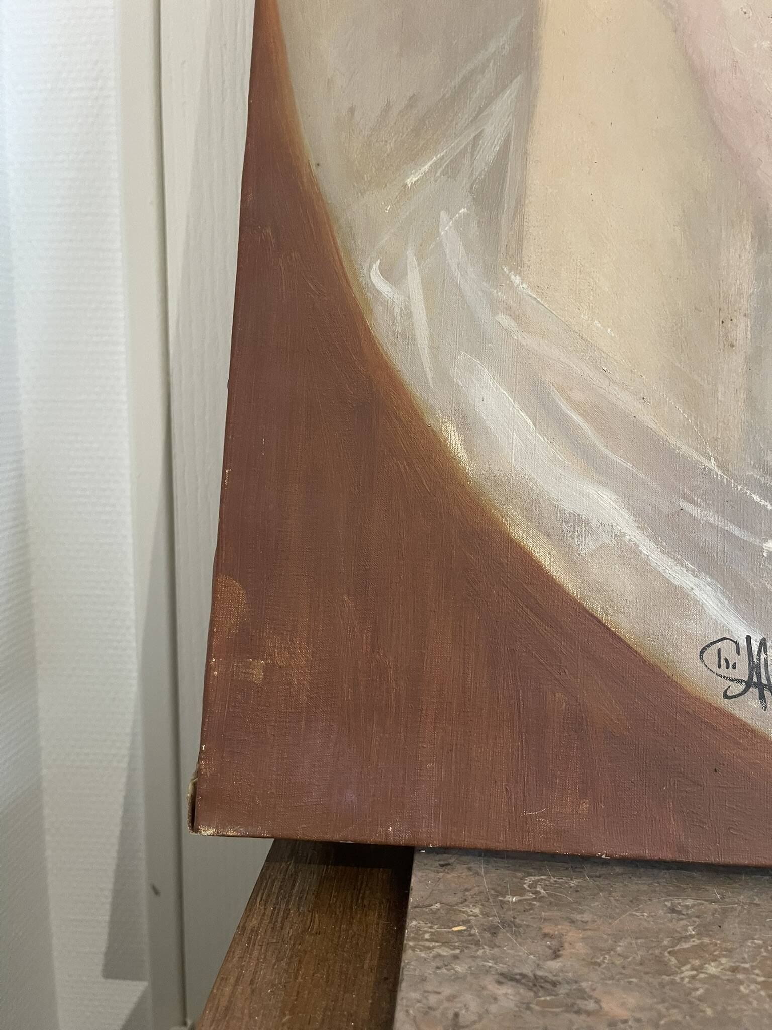 Tableau peinture huile toile portrait femme robe dentelle xixème 19ème merl