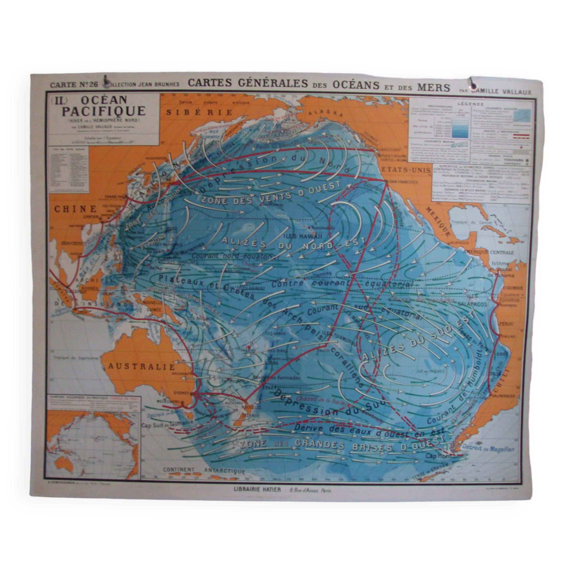 Old school map of geography oceans and seas Hatier Vallaux n°26
