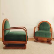 Pair of art deco armchairs - green mohair velvet