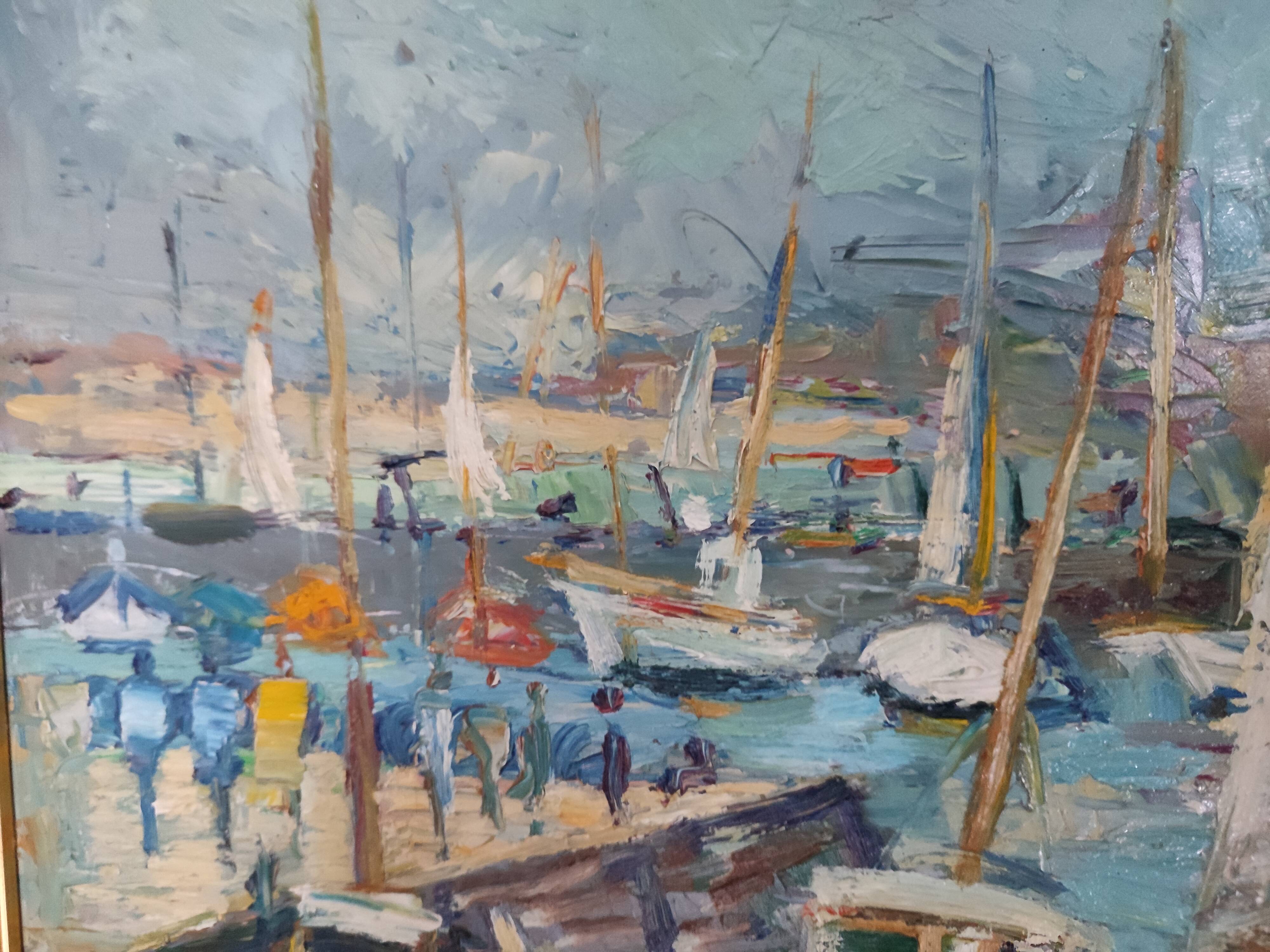 Oil painting on panel Alain Duperay port Breton, arrival of the fishermen