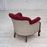 1950s, Danish armchair, red and light grey furniture wool, carved oak wood.