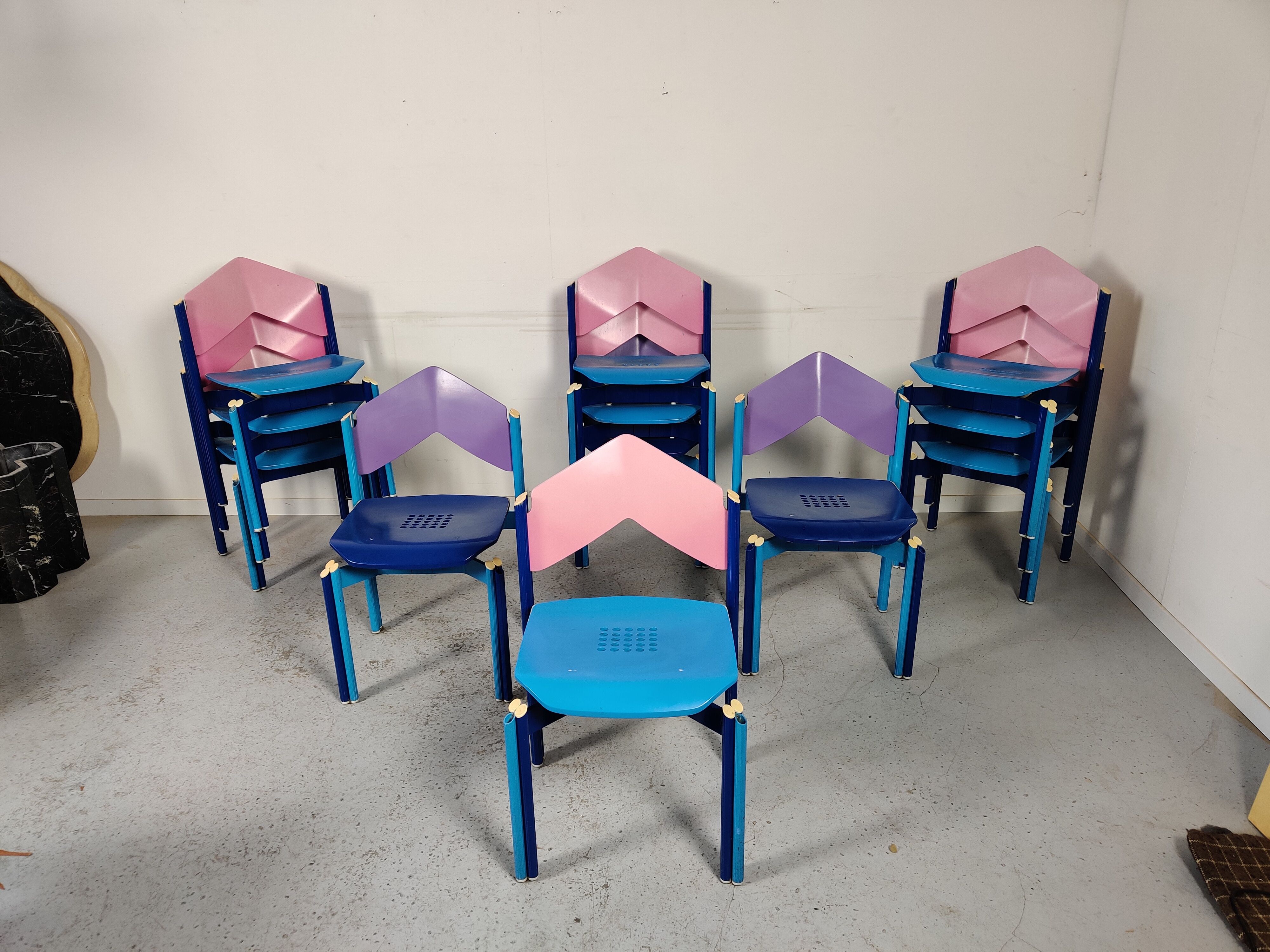 12 multicolored chairs wood and metal, 80s