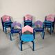 12 multicolored chairs wood and metal, 80s