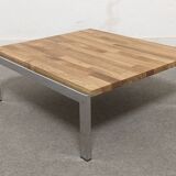 Coffee table, end table in chromed metal and wood, 70s-80s