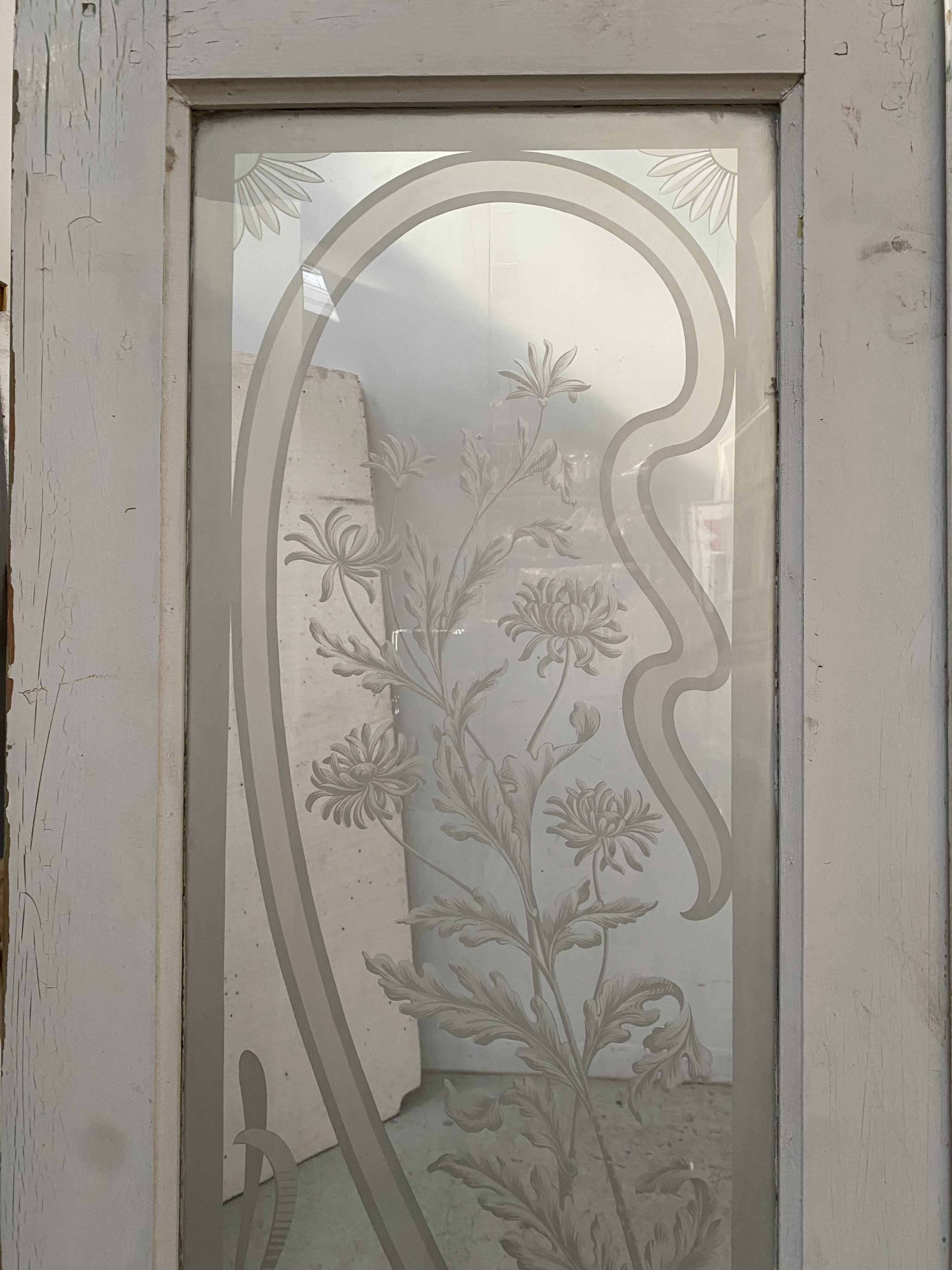 Double dividing door in wood and etched glass, 20th century