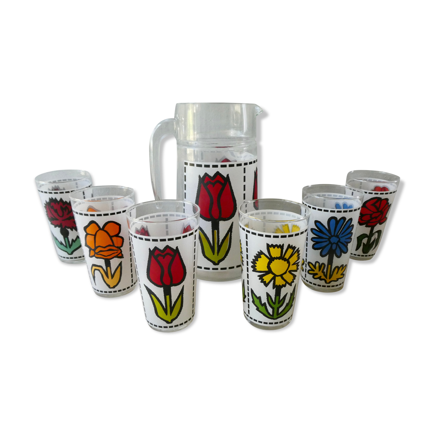 Orangeade service, 1 carafe and its 6 glasses, decoration flowers, France
